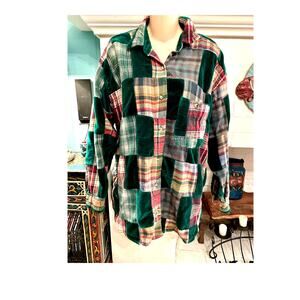 VINTAGE VELVET & FLANNEL COTTON PATCHWORK PLAID SHIRT OR SHIRTJACKET GRUNGE